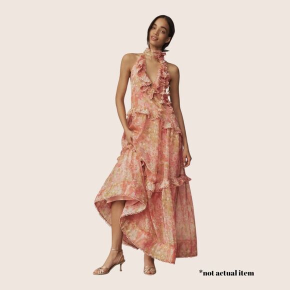 🩷 ANTHRO BHLDN LANDON ORGANZA 3D RUFFLE MAXI DRESS FLORAL PINK NWT MEDIUM - Picture 1 of 8